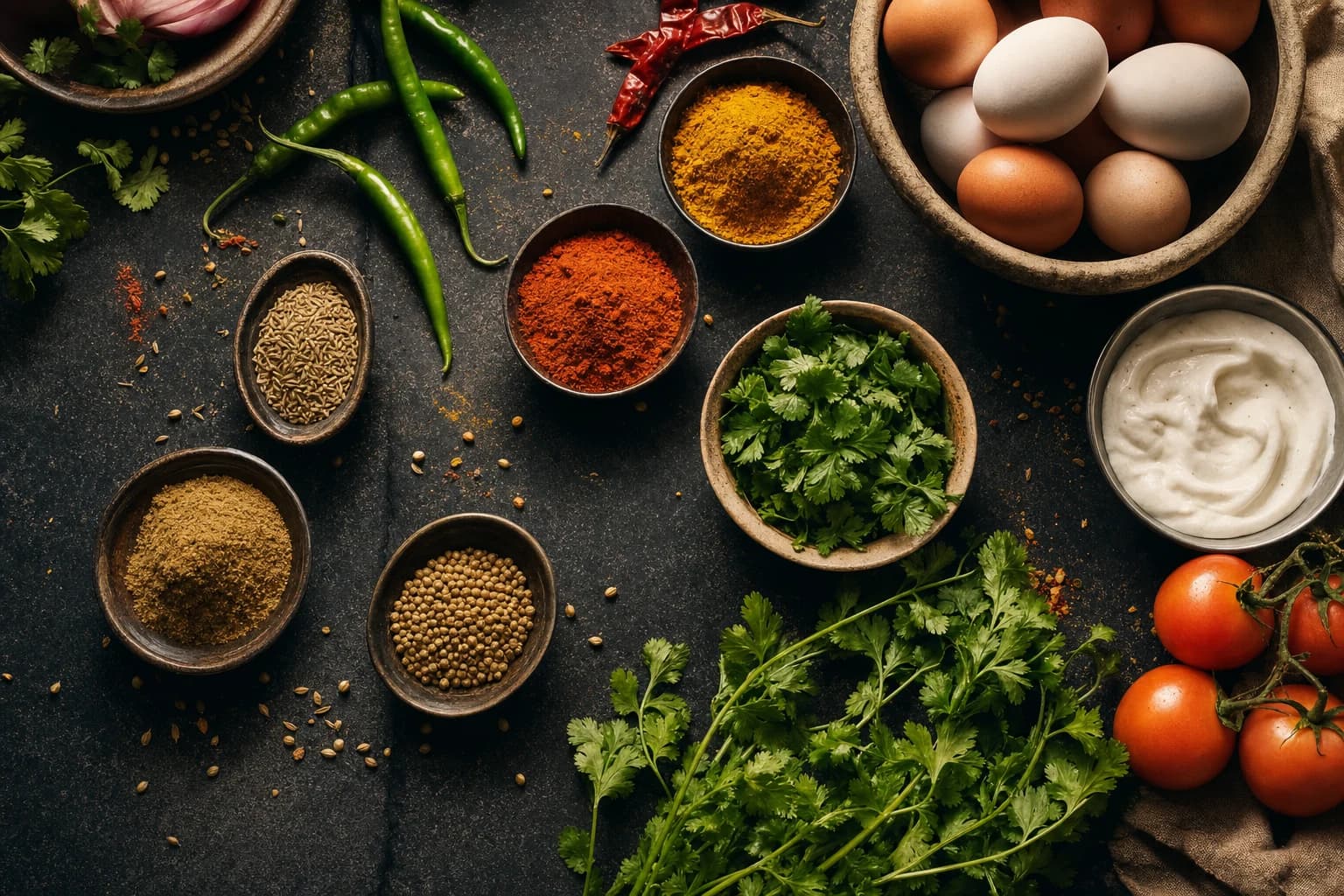 Fresh eggs, chiles, spices, herbs, and sauce ingredients