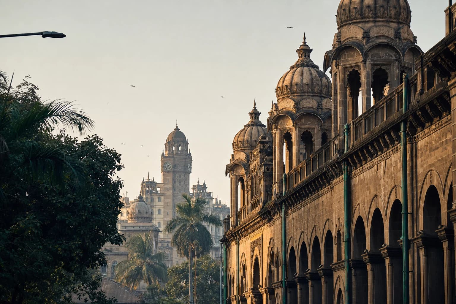 Warm historic architecture and palms evoking Surat